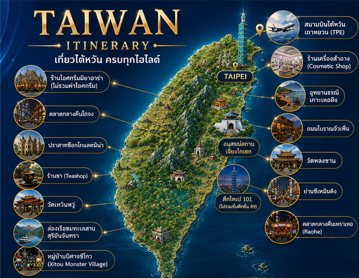 เปิดวาร์ปไต้หวัน 4 วัน 3 คืน (บินหรู China Airlines) ✈️
[อัปเดต! ราคาสุทธิรวมปรับ Tax 01 เม.ย. 69 แล้วทุกที่นั่ง]
เที่ยวครบ 3 เมืองดัง ไถจง - หนานโถว - ไทเป