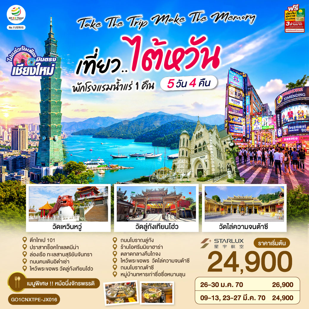 ตึกไทเป 101|ปราสาทช็อคโกแลตนีน่า|ล่องเรือ ทะเลสาบสุริยันจันทรา|ถนนคนเดินอิต๋าเช่า
|ไห้วพระขอพร วัดลู่กังเทียนโฮ่ว|ถนนโบราณลู่กัง|ร้านไอศรีมมิยาฮาร่า|ตลาดกลางคืนไถจง
|ไห้วพระขอพร  วัดไล่ความจนต้าซี| ถนนโบราณต้าซี|หมู้บ้านทหารเก่าซื่อซื่อหนานชุน